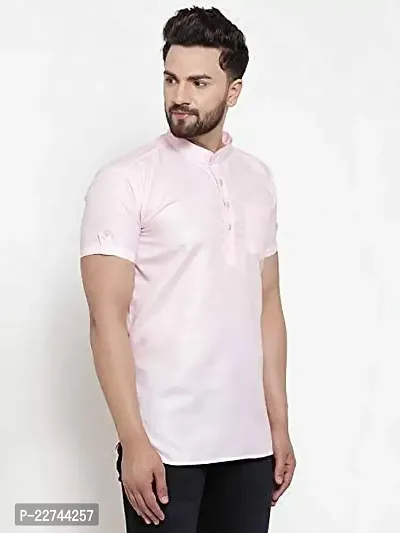 Reliable Pink Cotton Blend Solid Short Length Kurta For Men-thumb0