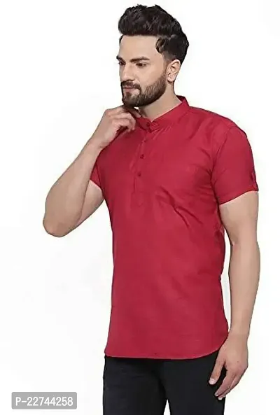 Reliable Red Cotton Blend Solid Short Length Kurta For Men