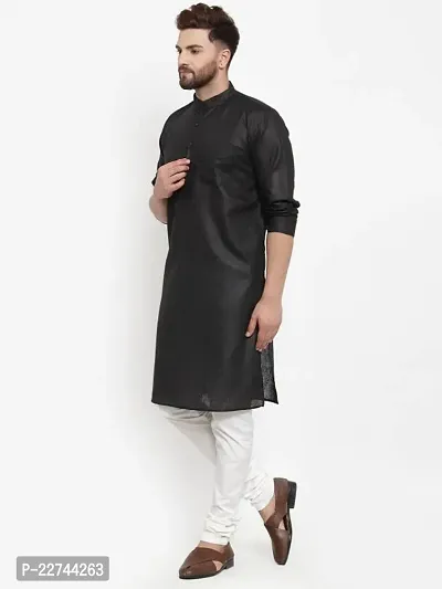 Reliable Black Cotton Blend Solid Long Length Kurta For Men-thumb3