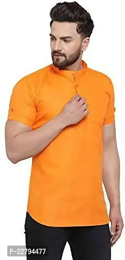 Reliable Orange Cotton Blend Solid Short Length Kurta For Mens-thumb5