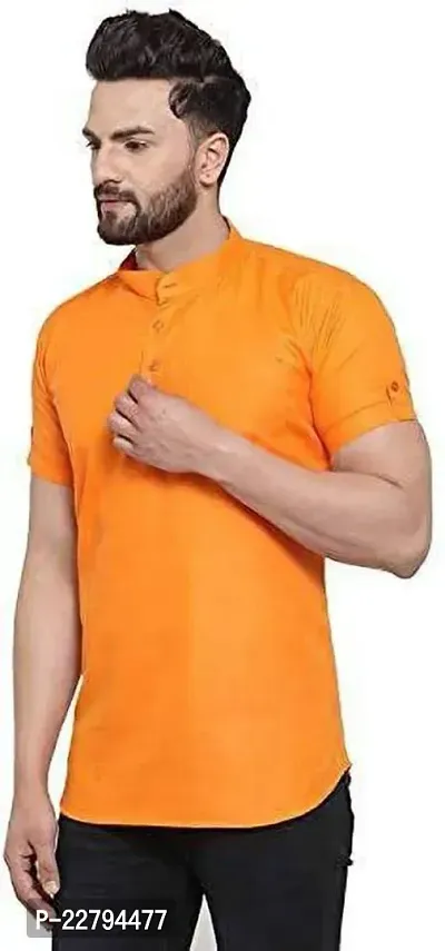 Reliable Orange Cotton Blend Solid Short Length Kurta For Mens