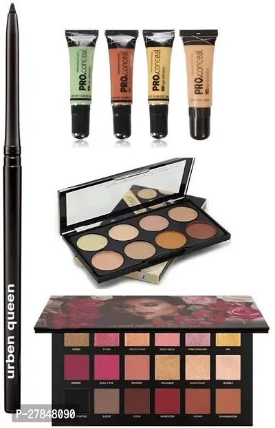 Kajal , Rose Gold Eye Shadow , Set Of 4 -Orange,Green,Yellow,Beige , Concealer Highlighter Contour -3 In 1 Palette-thumb0