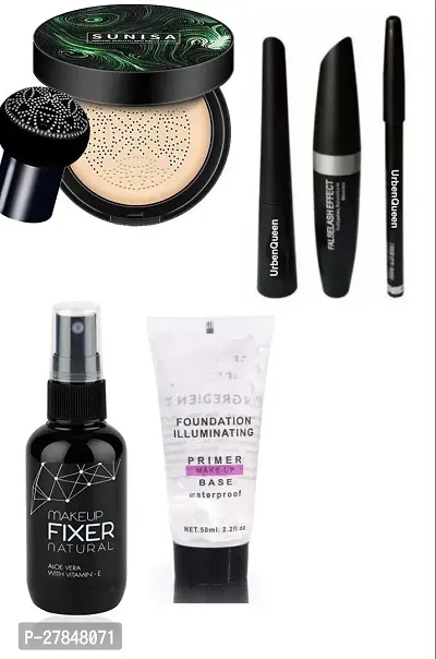 Sunisa Foundation , Eyebrow Pencil Black , Liquid Eyeliner , Mascara , Makeup Base Primer , After Makeup Fixer - 7 Items