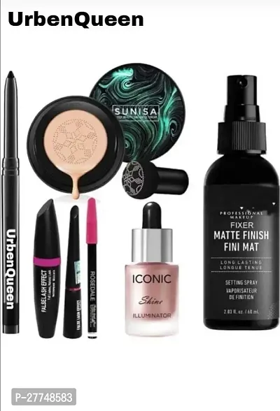 Mushroom Head Air Cushion Cc Cream Moisturizing Foundation + Makeup Base Fixer Primer + Eyebrow Pencil Black And Liquid Eyeliner And Mascara + And Kajal (4In1) + Illuminator Liquid Highlighter Face And Body Waterproof 3D (7 Items In The Set)