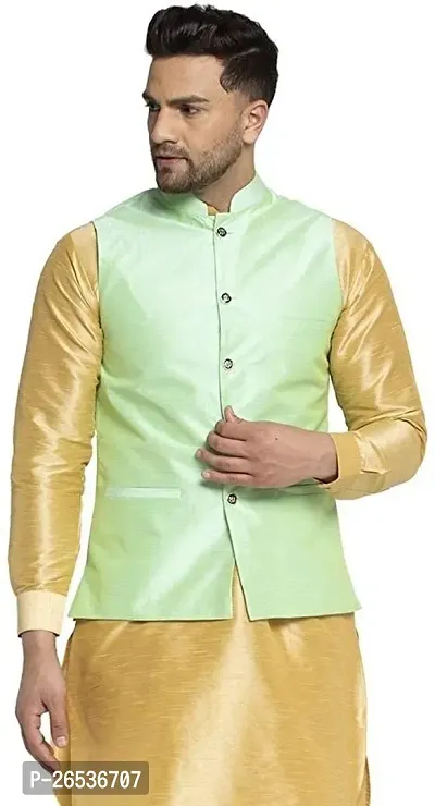 Reliable Green Silk Solid Nehru Jacket For Men