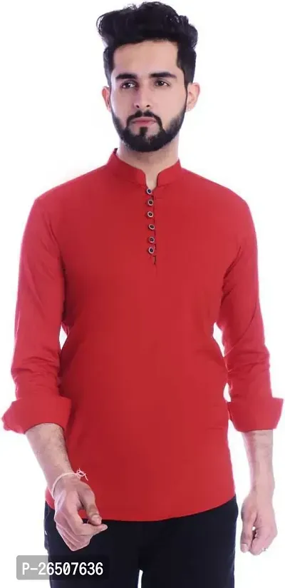 Reliable Red Cotton Blend Solid Short Length Kurta For Men