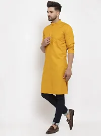 Reliable Yellow Cotton Blend Solid Knee Length Kurta For Men-thumb3