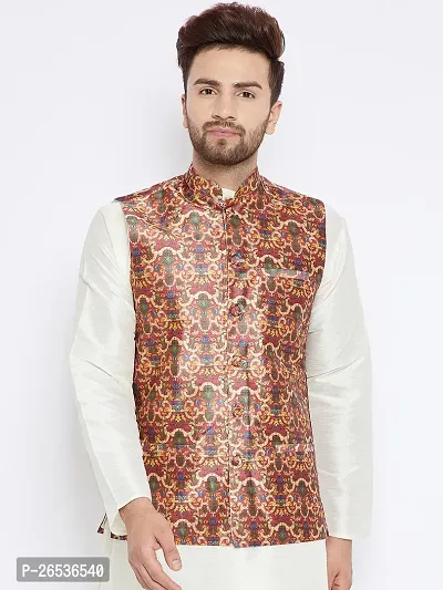 Reliable Brown Silk Blend Printed Nehru Jacket For Men