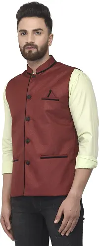 Reliable Maroon Jute Blend Self Pattern Nehru Jacket For Men-thumb2