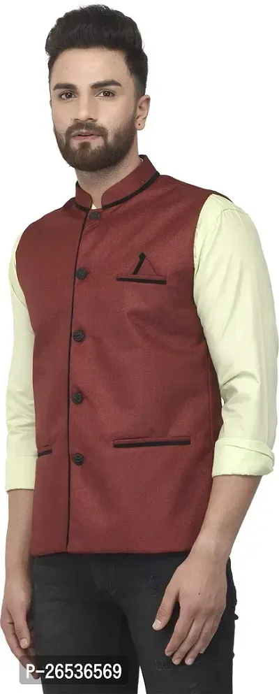 Reliable Maroon Jute Blend Self Pattern Nehru Jacket For Men-thumb3