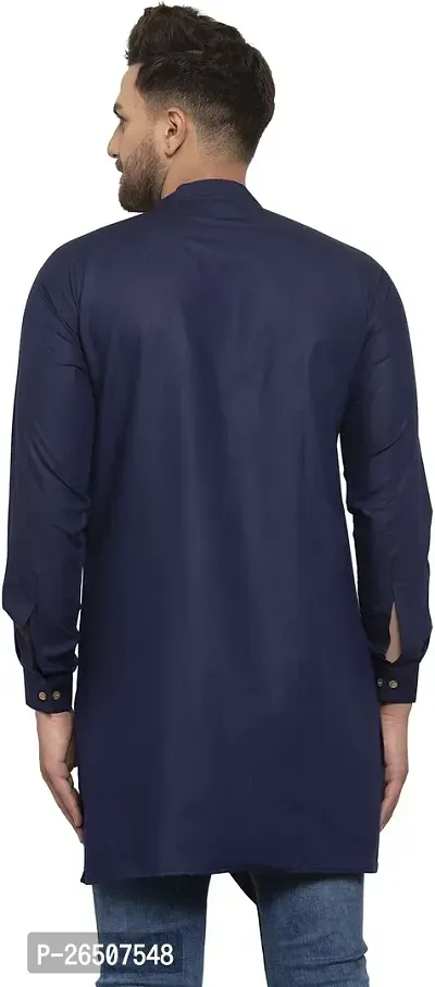 Reliable Navy Blue Cotton Blend Solid Hip Length Kurta For Men-thumb2
