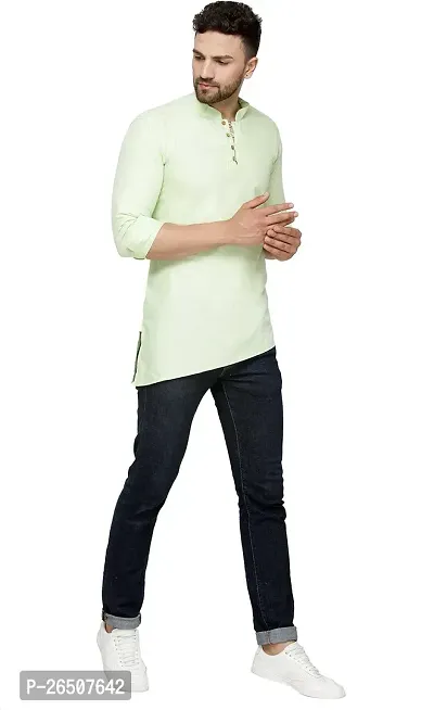 Reliable Green Cotton Blend Solid Hip Length Kurta For Men-thumb3