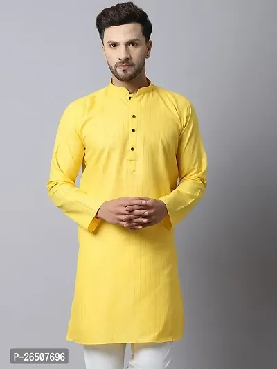 Reliable Yellow Cotton Blend Solid Short Length Kurta For Men-thumb0