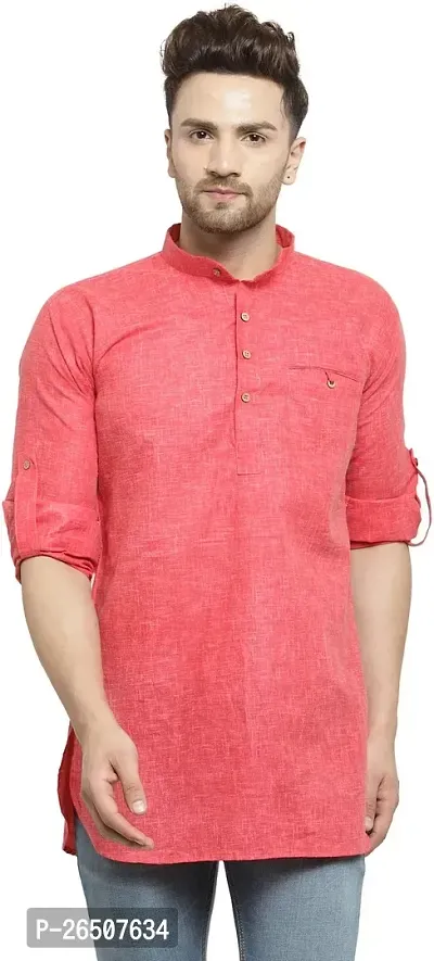 Reliable Red Cotton Blend Solid Hip Length Kurta For Men