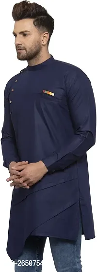 Reliable Navy Blue Cotton Blend Solid Hip Length Kurta For Men-thumb3