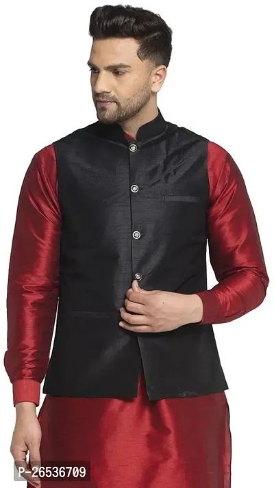 Reliable Black Silk Solid Nehru Jacket For Men