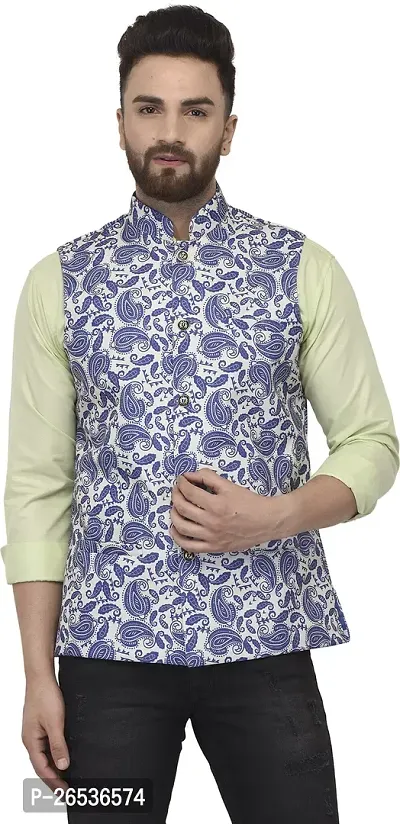Reliable Blue Cotton Blend Printed Nehru Jacket For Men-thumb0