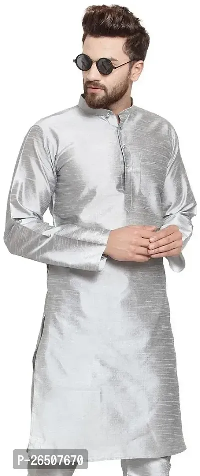 Reliable Silver Silk Blend Solid Knee Length Kurta For Men