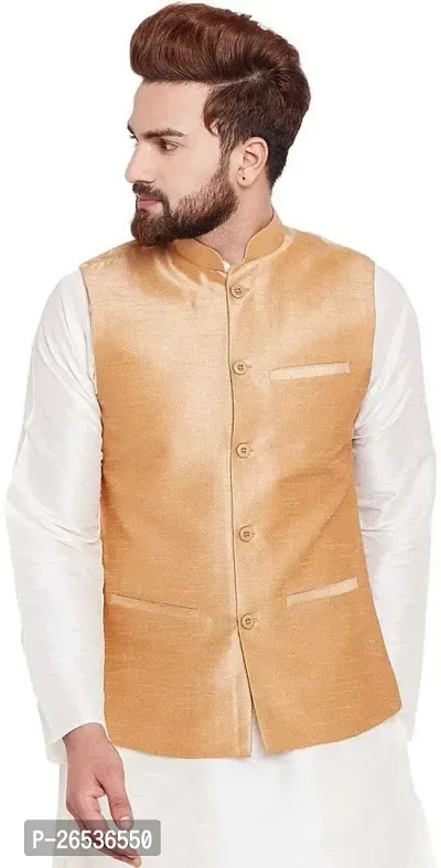 Reliable Golden Silk Self Pattern Nehru Jacket For Men