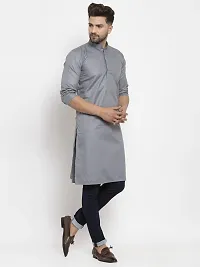 Reliable Grey Cotton Blend Solid Knee Length Kurta For Men-thumb2