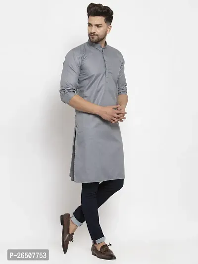 Reliable Grey Cotton Blend Solid Knee Length Kurta For Men-thumb3