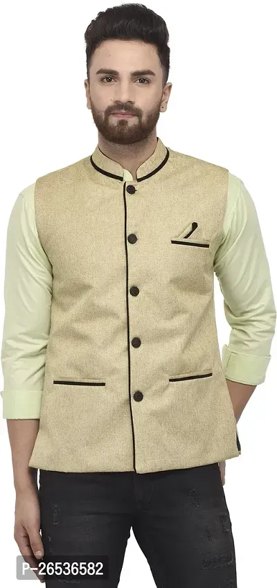 Reliable Beige Jute Blend Self Pattern Nehru Jacket For Men