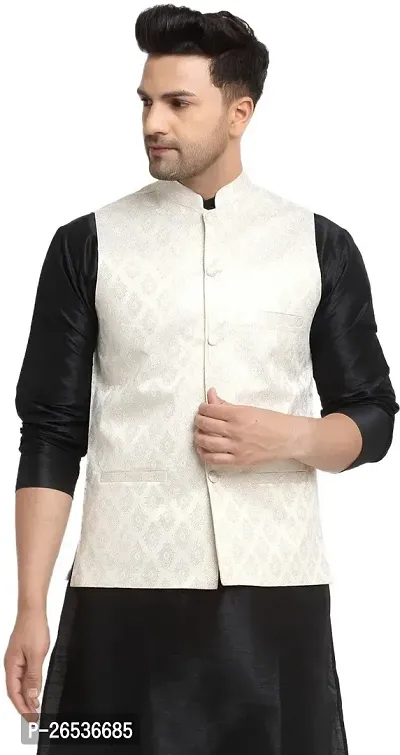 Reliable White Jacquard Self Pattern Nehru Jacket For Men