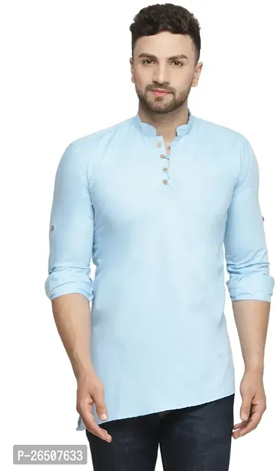 Reliable Blue Cotton Blend Solid Hip Length Kurta For Men-thumb0