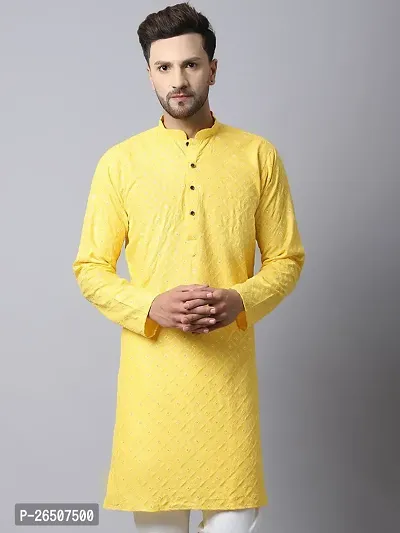 Reliable Yellow Cotton Blend Solid Knee Length Kurta For Men