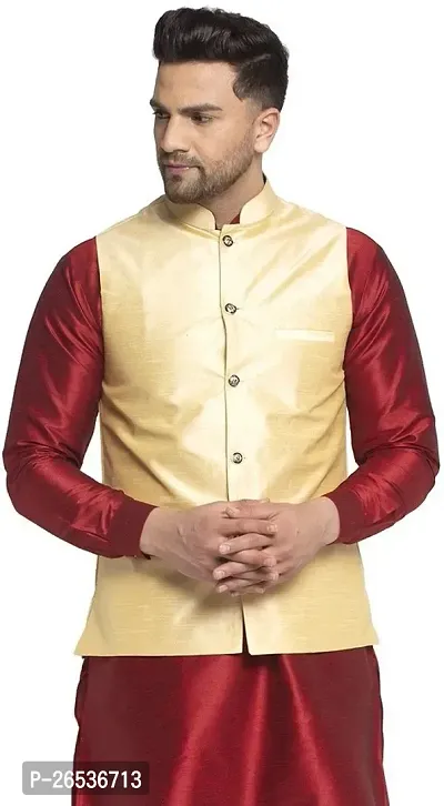 Reliable Golden Silk Solid Nehru Jacket For Men