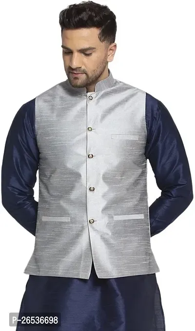 Reliable Silver Silk Solid Nehru Jacket For Men-thumb0