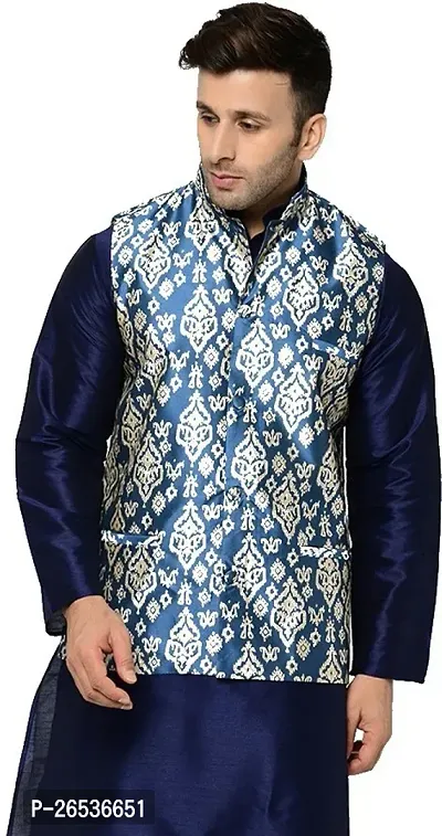 Reliable Blue Silk Printed Nehru Jacket For Men
