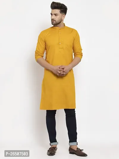 Reliable Yellow Cotton Blend Solid Knee Length Kurta For Men-thumb0