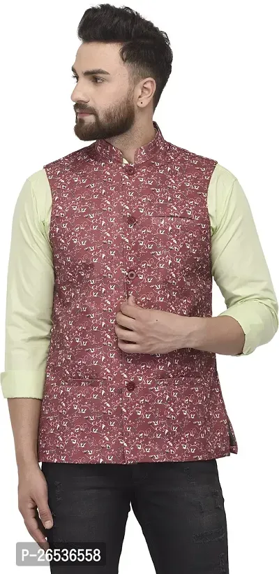 Reliable Maroon Cotton Blend Printed Nehru Jacket For Men-thumb0