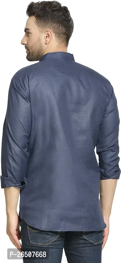Reliable Navy Blue Cotton Blend Solid Hip Length Kurta For Men-thumb2