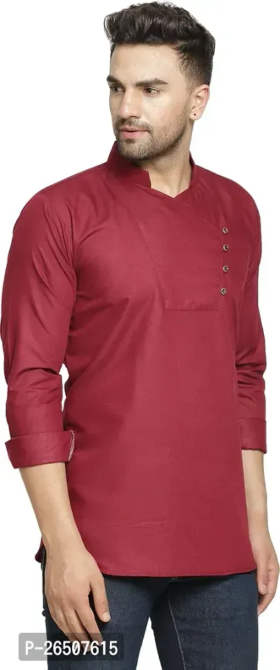 Reliable Maroon Cotton Blend Solid Hip Length Kurta For Men-thumb3