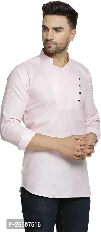Reliable Pink Cotton Blend Solid Hip Length Kurta For Men-thumb3