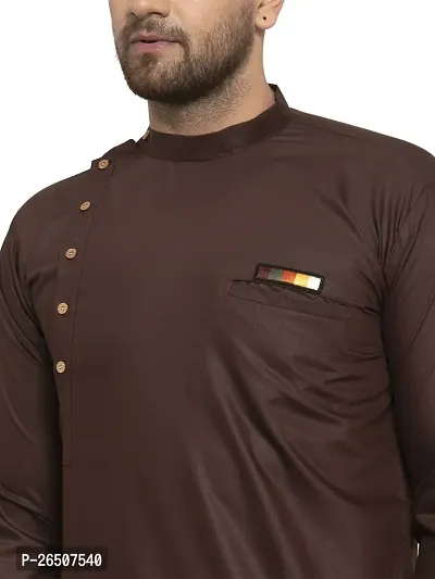 Reliable Brown Cotton Blend Solid Hip Length Kurta For Men-thumb4