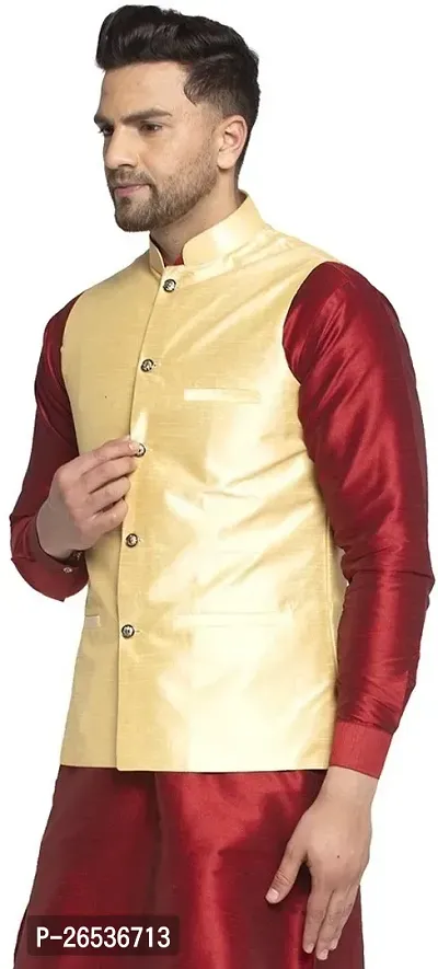 Reliable Golden Silk Solid Nehru Jacket For Men-thumb3