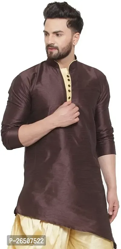 Reliable Brown Silk Blend Solid Hip Length Kurta For Men-thumb3