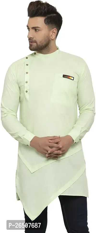 Reliable Green Cotton Blend Solid Hip Length Kurta For Men