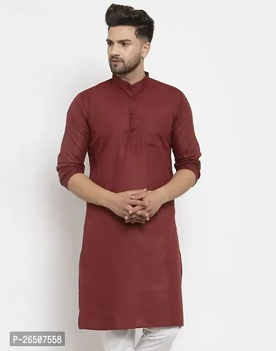 Reliable Maroon Cotton Blend Solid Knee Length Kurta For Men