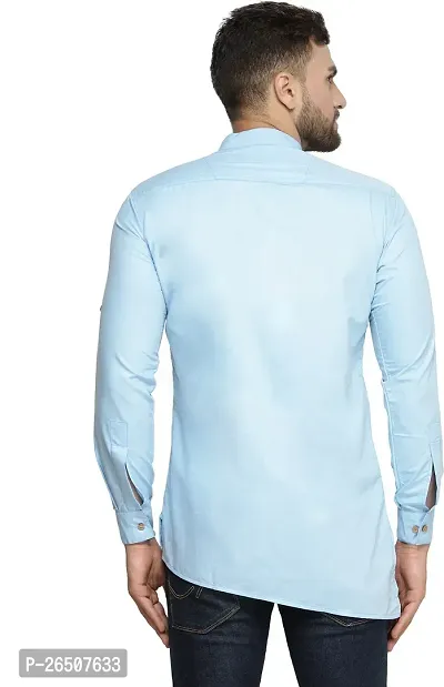 Reliable Blue Cotton Blend Solid Hip Length Kurta For Men-thumb3