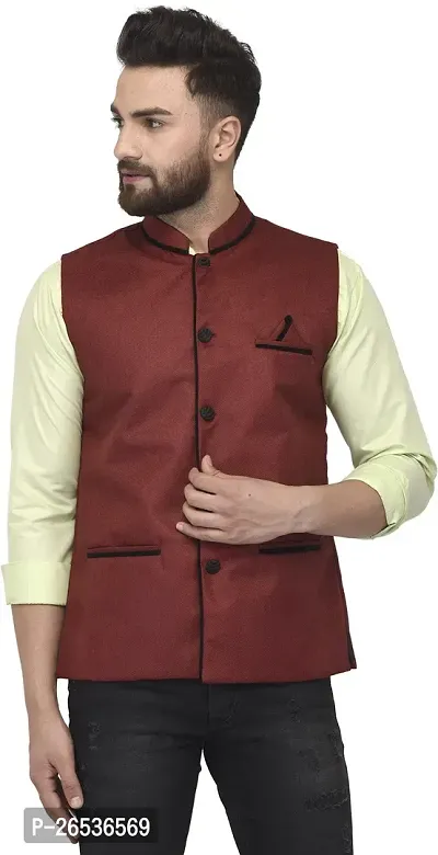 Reliable Maroon Jute Blend Self Pattern Nehru Jacket For Men-thumb0