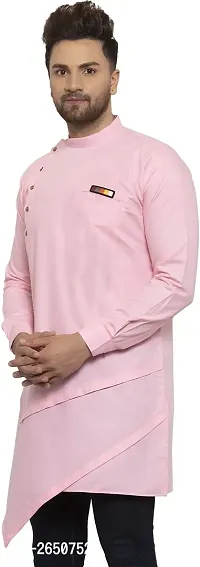 Reliable Pink Cotton Blend Solid Hip Length Kurta For Men-thumb3
