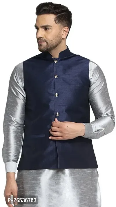 Reliable Blue Silk Solid Nehru Jacket For Men