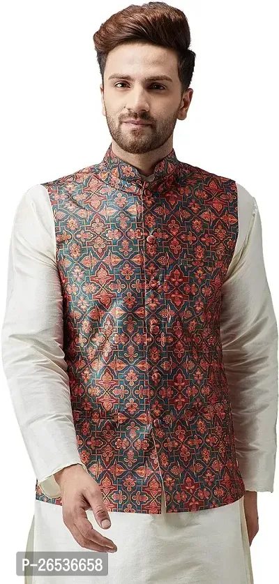 Reliable Multicoloured Silk Printed Nehru Jacket For Men