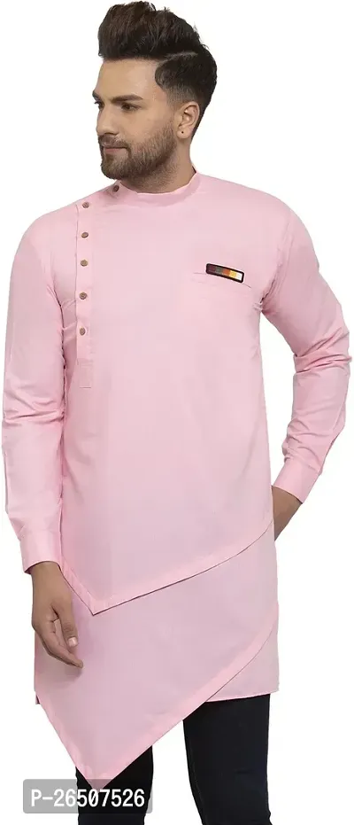Reliable Pink Cotton Blend Solid Hip Length Kurta For Men