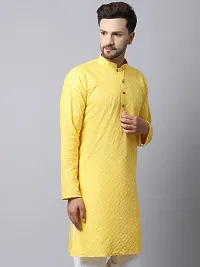 Reliable Yellow Cotton Blend Solid Knee Length Kurta For Men-thumb2