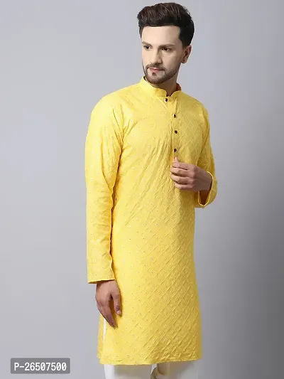 Reliable Yellow Cotton Blend Solid Knee Length Kurta For Men-thumb3